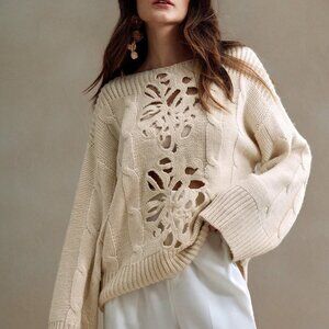 Casual Beige Women's Boat Neck Sweater with Dropped Shoulder Detail